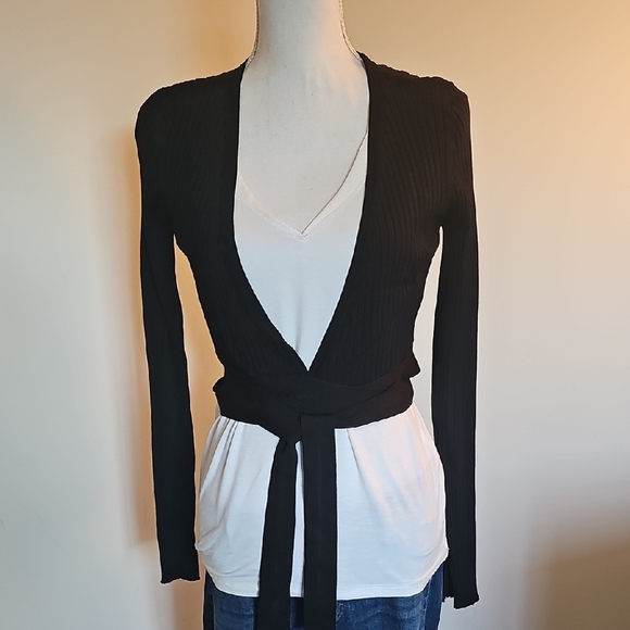 WHBM Black Ribbed Tie Wrap Cardigan - Picture 1 of 6